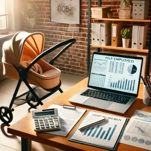 DALL·E 2025 03 17 16.00.15 A professional workspace with a laptop documents and a baby stroller beside the desk. The scene represents a self employed person ФОП managing wor