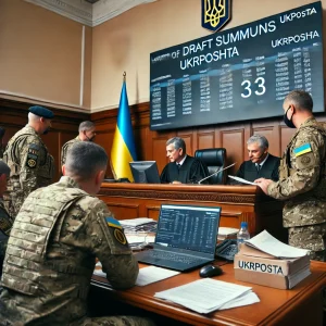 DALL·E 2025 03 24 12.17.12 A courtroom in Ukraine where a judge is verifying postal tracking data from Ukrposhta on a digital screen. Military officials and legal representative