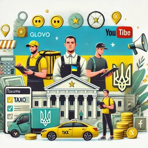Кур'єри, орендодавці, таксисти та контент-мейкери повинні будуть сплатити податки 11 DALL·E 2025 03 24 15.13.50 An illustration representing taxation of gig economy workers in Ukraine. The image features delivery couriers Glovo taxi drivers Bolt landlords