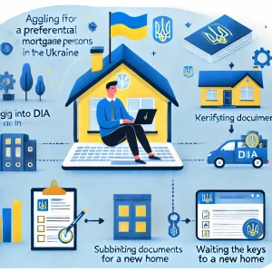 Як переселенцям подати заяву на отримання пільгової іпотеки через портал Дія. 5 DALL·E 2025 03 24 17.35.10 A professional infographic illustrating the process of applying for a preferential mortgage for internally displaced persons IDPs in Ukraine via the