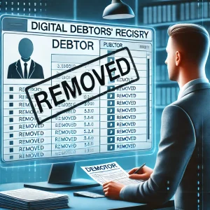 Як виключити боржника з Єдиного реєстру боржників 5 DALL·E 2025 03 28 10.07.08 A conceptual illustration of a person removing their name from a digital debtors registry. The image features a computer screen displaying a public d